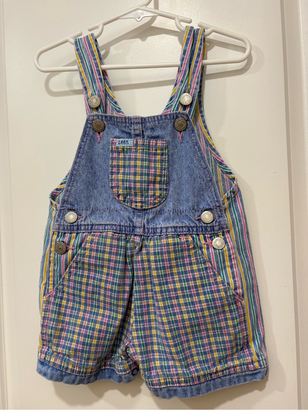 Vintage 90s Lee Toddler Colorful Plaid and Stripe Denim Short Overalls | 2t